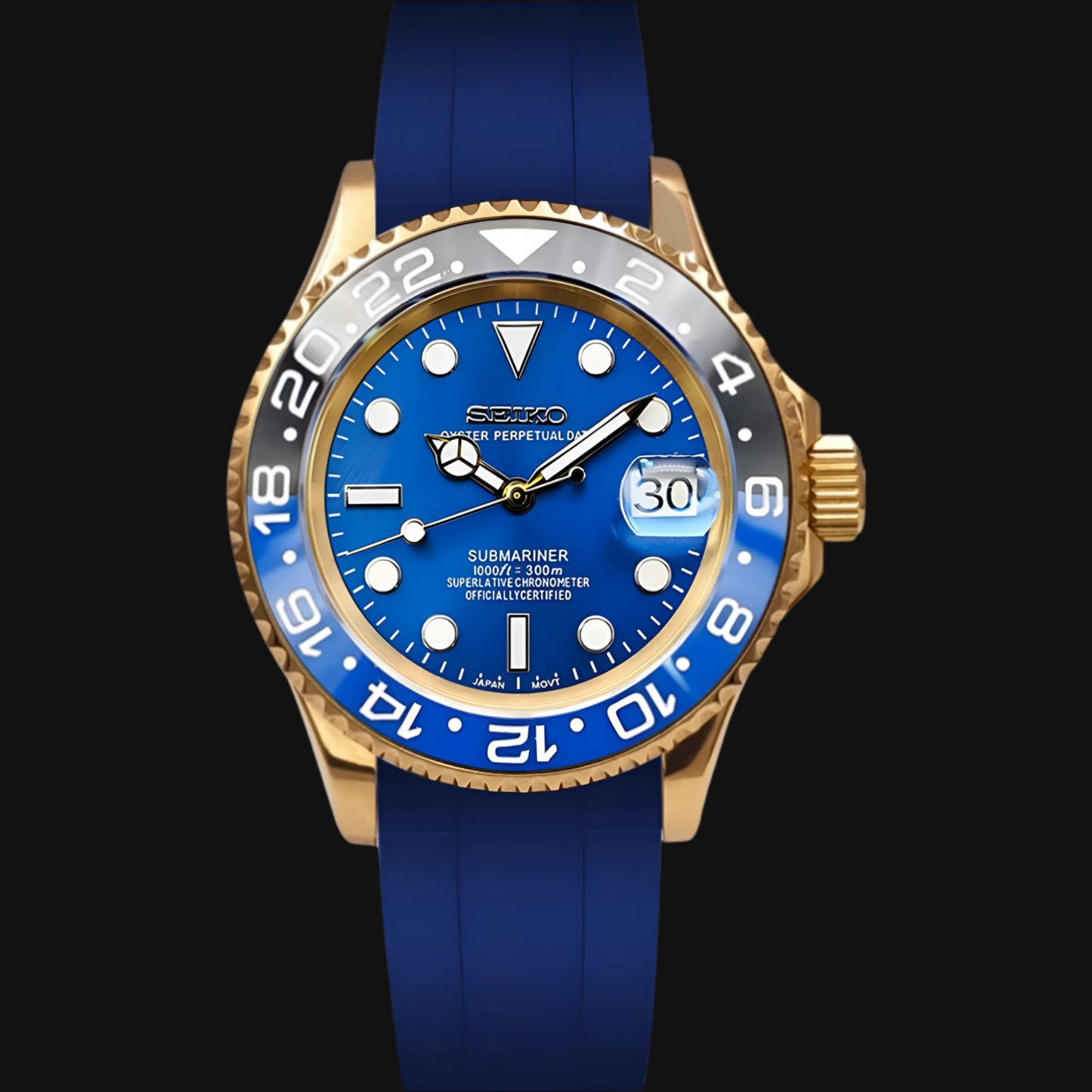 Seiko Mod Submariner „Goldenes Batman-Blau-Armband“