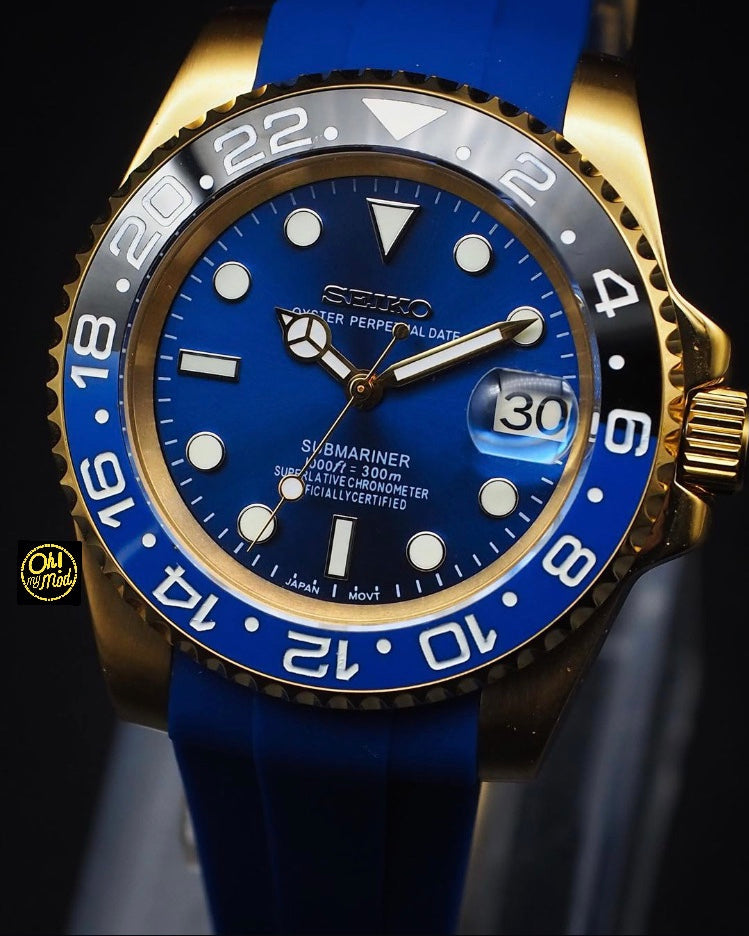 Seiko Mod Submariner „Goldenes Batman-Blau-Armband“