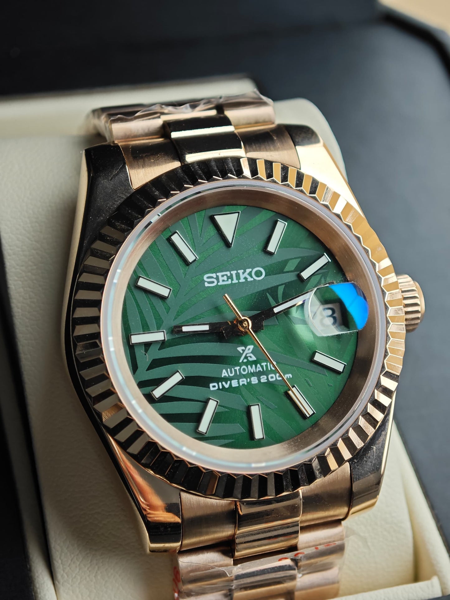 Seiko Mod Datejust "Green Palm” Rose Gold