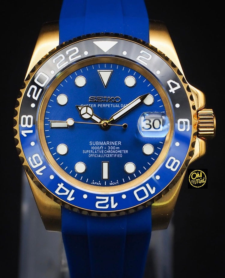 Seiko Mod Submariner "Gold Batman Blue Strap"