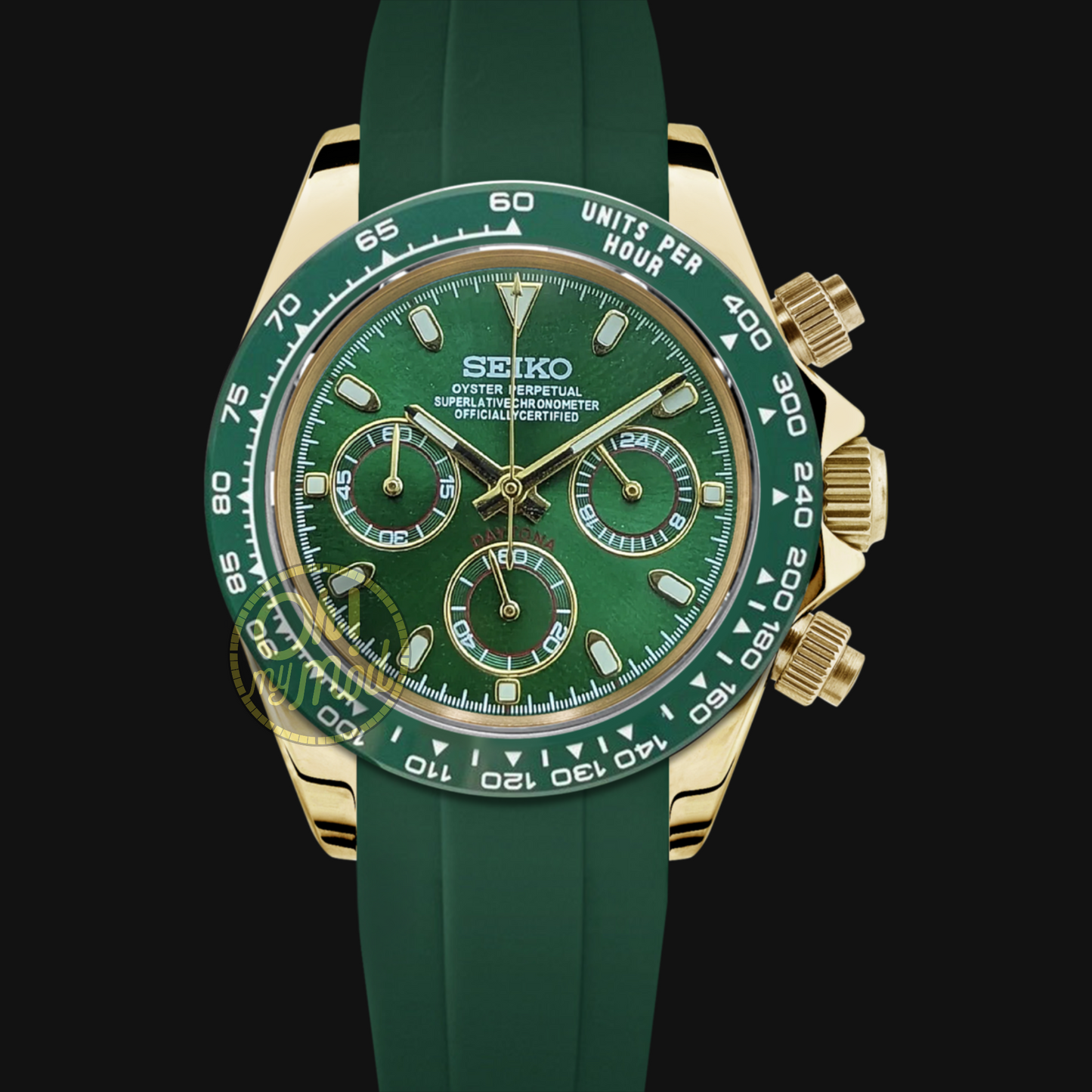 Seiko Mod Daytona "Gold &amp; Green” Rubber Strap