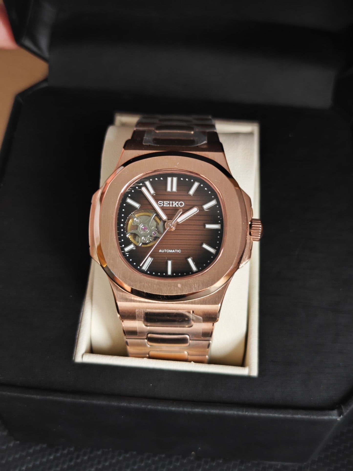 Seiko Mod Nautilus "Rose Gold & Chocolate” Openheart