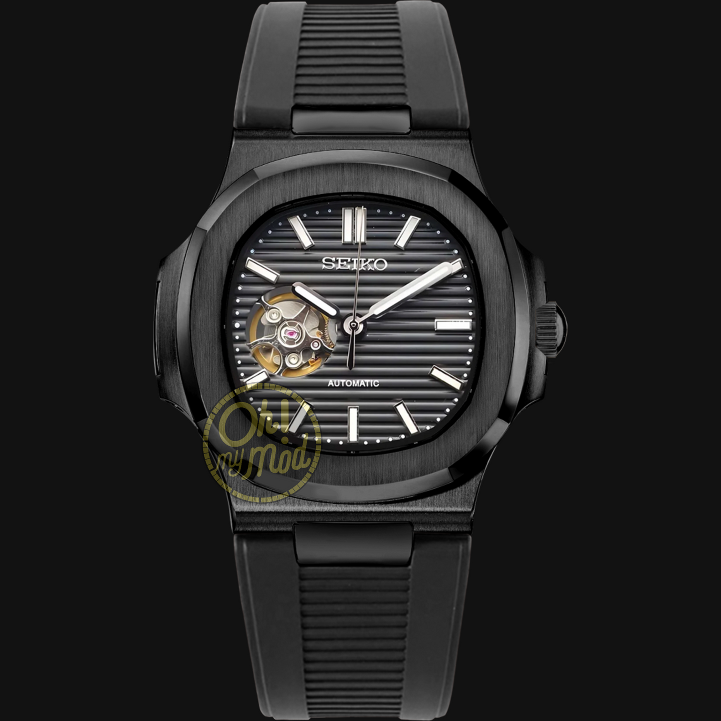 Seiko Mod Nautilus "Triple Black Openheart" Rubber Strap