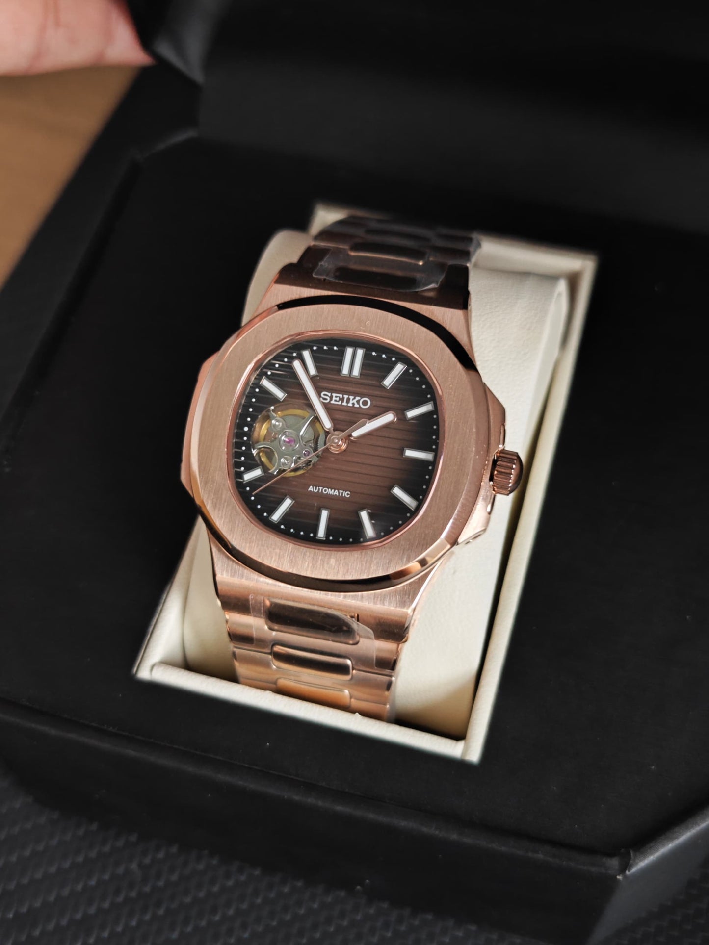 Seiko Mod Nautilus "Rose Gold & Chocolate” Openheart